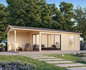 Abri bois contemporain avec terrasse AMANDA | 595 x 300 + Auvent 300 cm | Bois brut | 44 mm d'épaiss