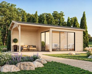 Abri de jardin avec auvent AMANDA | 390 x 300 + Auvent 300 cm | Bois brut | 44 mm d'épaisseur