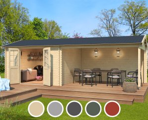 Pool House en bois AMARILLO | 330 x 300 cm + Auvent 380 cm | 5 coloris | 28 mm d'épaisseur