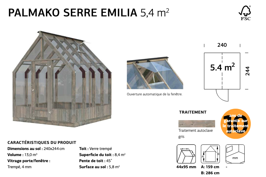 Mini serre de jardin EMILIA | 240 x 244 | Bois traité autoclave gris | 18 mm d'épaisseur