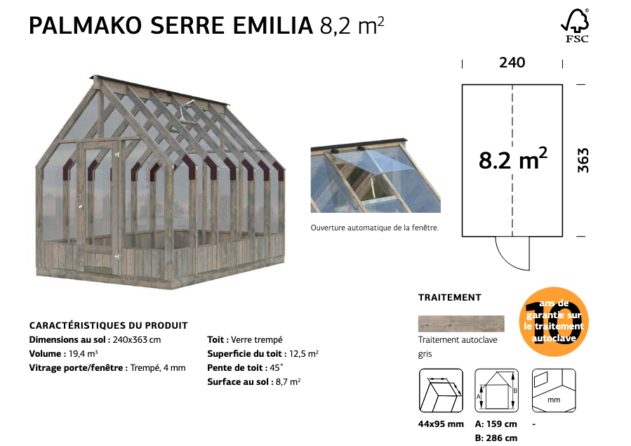 Serre de jardin en verre EMILIA | 240 x 363 | Bois traité autoclave gris | 18 mm d'épaisseur