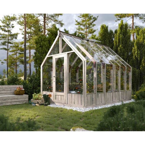 Serre de jardin en verre EMILIA | 240 x 363 | Bois traité autoclave gris | 18 mm d'épaisseur