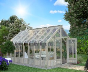 Grande serre de jardin en bois EMILIA | 300 x 483 | Bois traité autoclave gris | 18 mm d'épaisseur