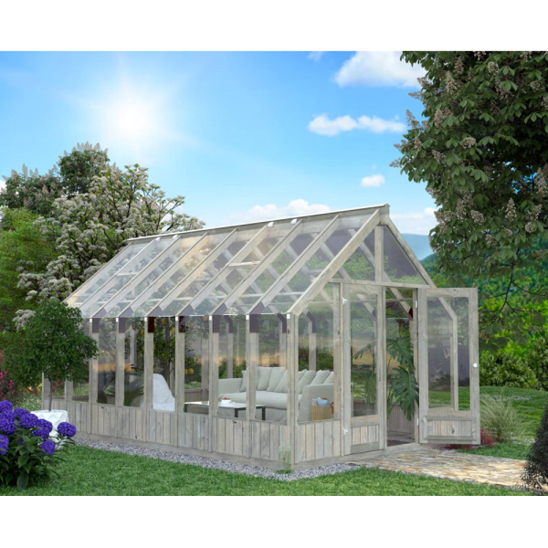 Grande serre de jardin en bois EMILIA | 300 x 483 | Bois traité autoclave gris | 18 mm d'épaisseur