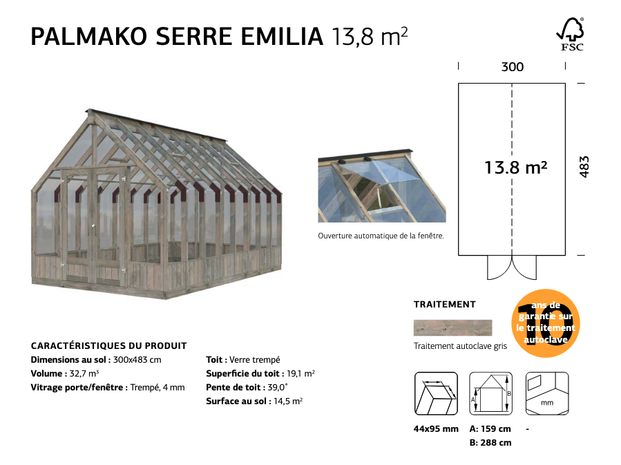 Grande serre de jardin en bois EMILIA | 300 x 483 | Bois traité autoclave gris | 18 mm d'épaisseur