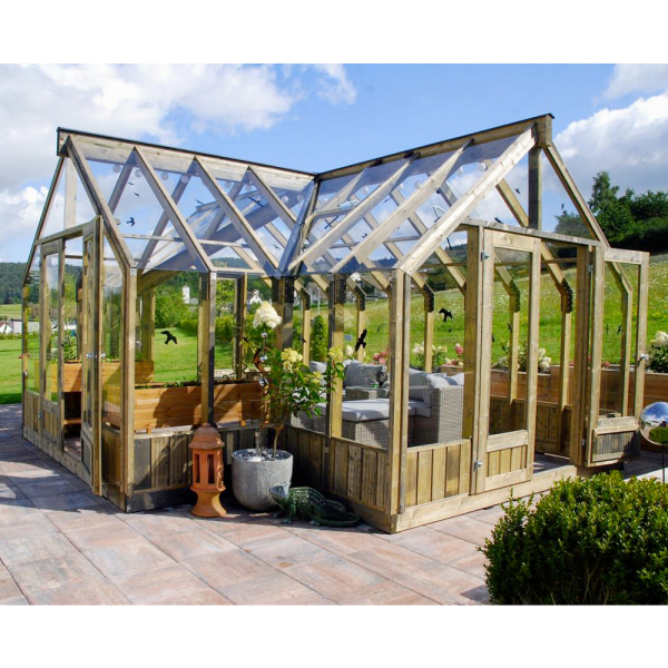 Serre de culture professionnelle jardin EMILIA | 421 x 543 | Bois traité autoclave gris | 18 mm d'ép