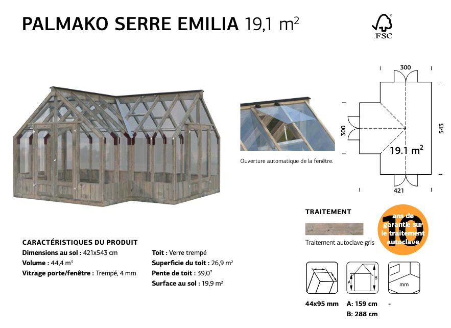 Serre de culture professionnelle jardin EMILIA | 421 x 543 | Bois traité autoclave gris | 18 mm d'ép