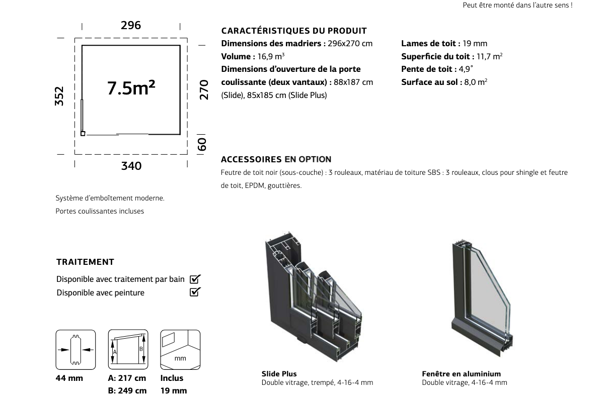 Abri toit plat avec baie vitrée Andrea | 296 x 270 | Bois Brut | 44 mm d'épaisseur