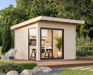 Abri toit plat avec baie vitrée Andrea | 296 x 270 | Bois Brut | 44 mm d'épaisseur