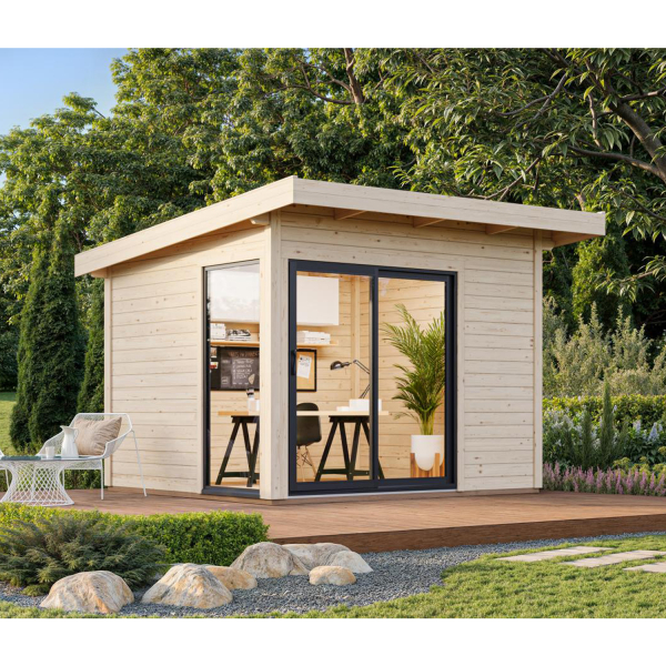 Abri toit plat avec baie vitrée Andrea | 296 x 270 | Bois Brut | 44 mm d'épaisseur