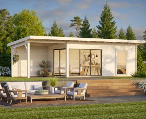 Abri de jardin avec avancée couverte Andrea | 898 x 300 + auvent 303 cm | Bois Brut | 44 mm d'épaiss