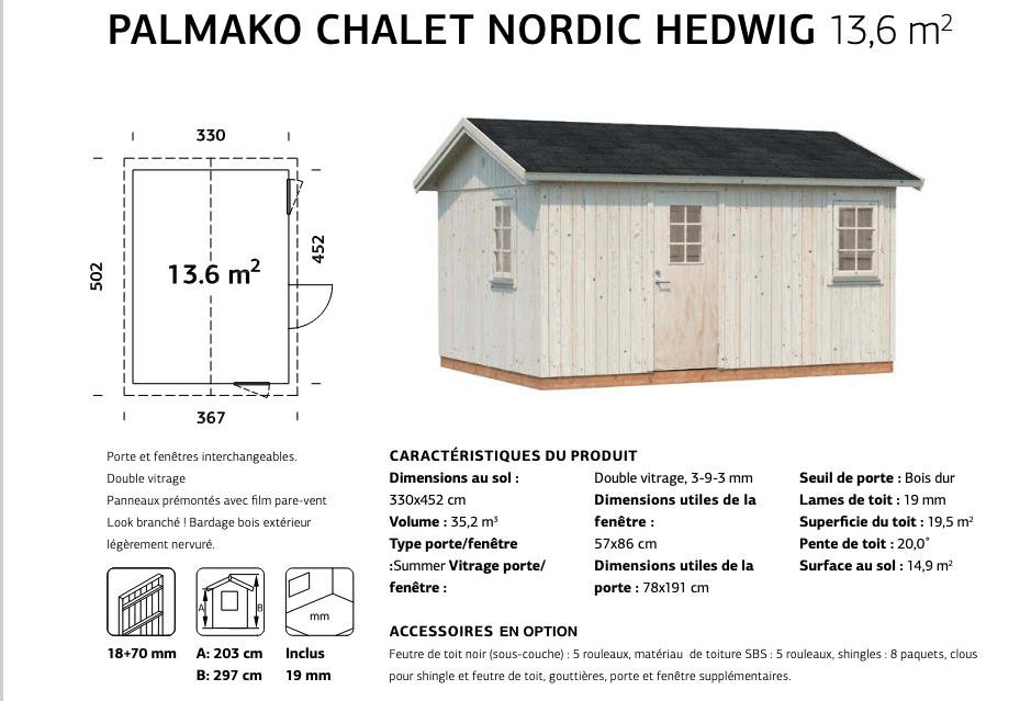 Cabanon bois panneaux Hedwig | 330 x 452 | Bois Brut | 88 mm d'épaisseur