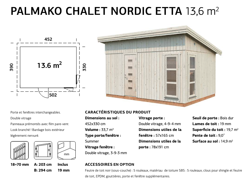Chalet en pin du nord brut ETTA | 452 x 330 | Bois Brut | 88 mm d'épaisseur