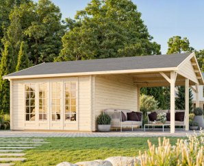 Abri bois avec auvent intégré Irene | 653 x 550 cm | Bois Brut | 44 mm d'épaisseur