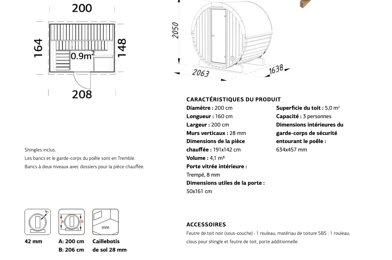 Sauna tonneau 3 personnes ANITA | 200 x 160 | Bois brut | 42 mm d'épaisseur