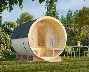 Sauna tonneau bois familial 6 places, ANITA | 220 x 290 | Bois brut | 42 mm d'épaisseur