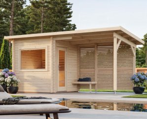 Sauna extérieur avec auvent 3 places, SANNA | 490 x 210 cm | Bois brut | 44 mm d'épaisseur