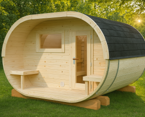 Sauna oval bois 4 places, ANETTE | 328 x 270 cm | Bois brut | 42 mm d'épaisseur