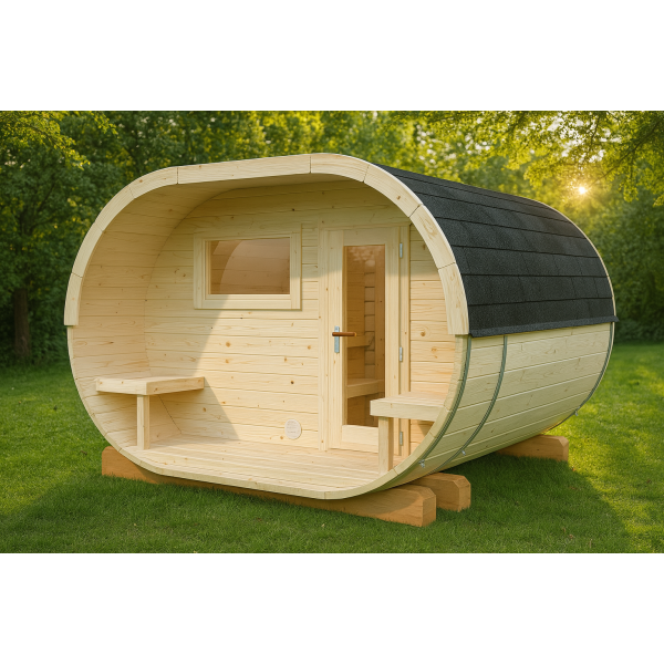 Sauna oval bois 4 places, ANETTE | 328 x 270 cm | Bois brut | 42 mm d'épaisseur