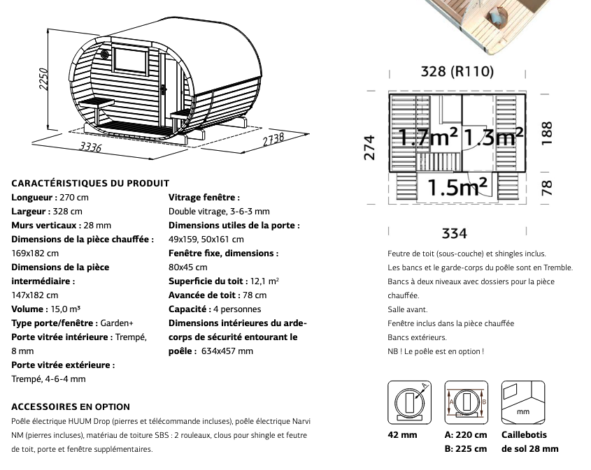 Sauna oval bois 4 places, ANETTE | 328 x 270 cm | Bois brut | 42 mm d'épaisseur