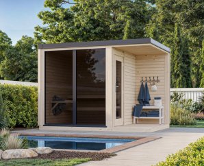 Sauna de jardin 3 personnes SARAH | 322 x 222 cm | Bois brut | 120 mm d'épaisseur