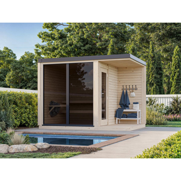 Sauna de jardin 3 personnes SARAH | 322 x 222 cm | Bois brut | 120 mm d'épaisseur