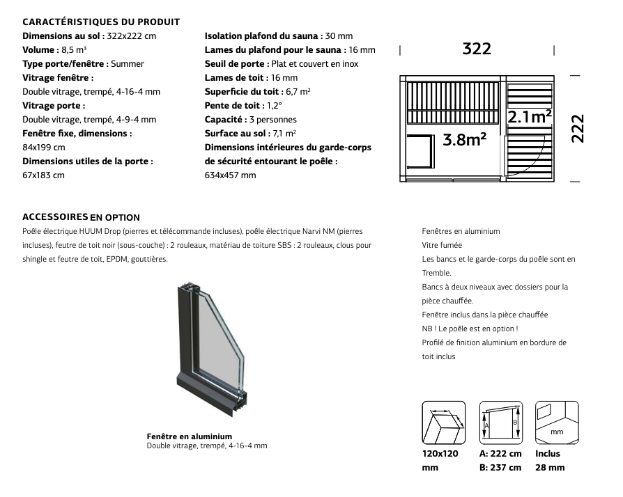 Sauna de jardin 3 personnes SARAH | 322 x 222 cm | Bois brut | 120 mm d'épaisseur
