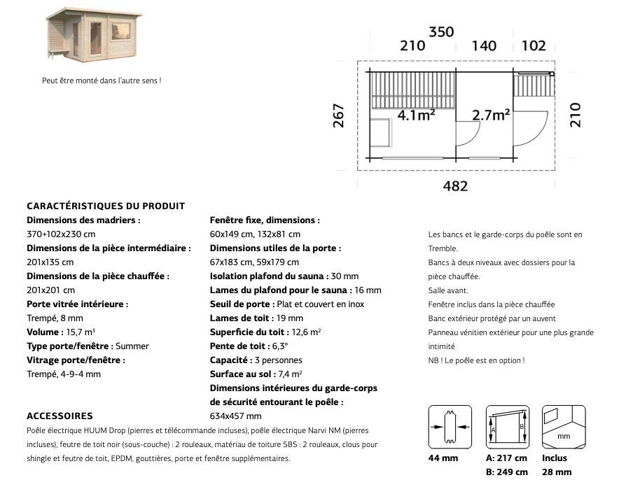 Kit sauna bois 3 places, SANNA | 350 x 210 cm | Bois brut | 44 mm d'épaisseur