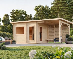 Sauna avec espace détente couvert 3 places, SANNA | 630 x 210 cm | Bois brut | 44 mm d'épaisseur