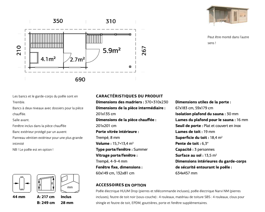 Sauna avec espace détente couvert 3 places, SANNA | 630 x 210 cm | Bois brut | 44 mm d'épaisseur