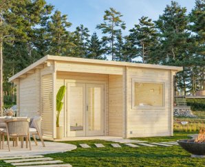 Maison de jardin avec sauna intégré 3 places, SANNA | 480 x 320 cm | Bois brut | 44 mm d'épaisseur