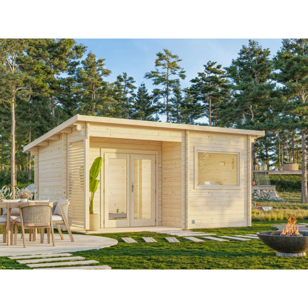 Maison de jardin avec sauna intégré 3 places, SANNA | 480 x 320 cm | Bois brut | 44 mm d'épaisseur