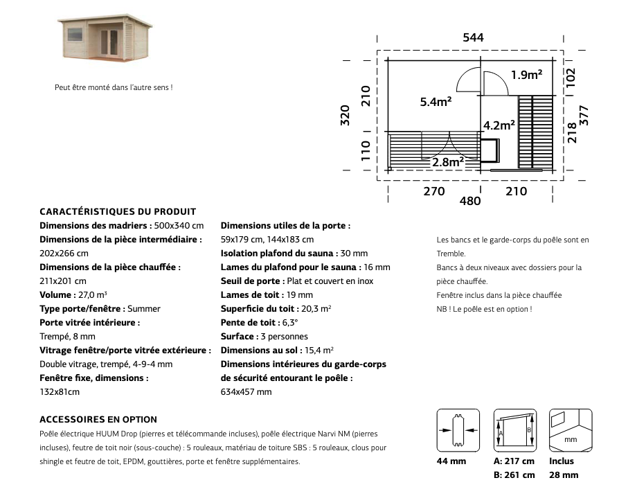Maison de jardin avec sauna intégré 3 places, SANNA | 480 x 320 cm | Bois brut | 44 mm d'épaisseur