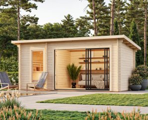 Abri avec sauna intégré 3 places, SANNA | 500 x 270 cm | Bois brut | 44 mm d'épaisseur