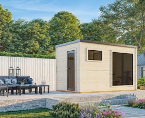 Sauna extérieur bois 3 personnes, GRACE SAUNA | 390 x 230 cm | Bois brut ou peint | 56 mm d'épaisseu