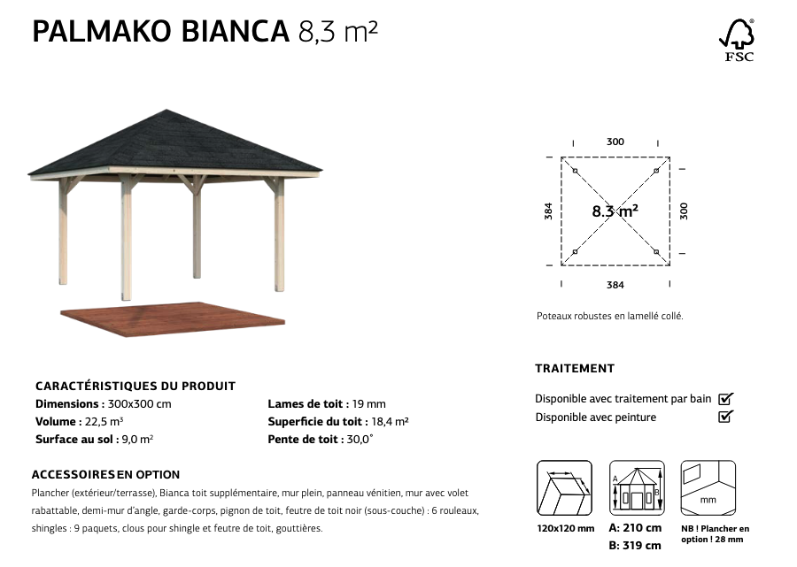 Kiosque de jardin bois 3 x 3 m | Bois brut | Bianca 8,3 m²