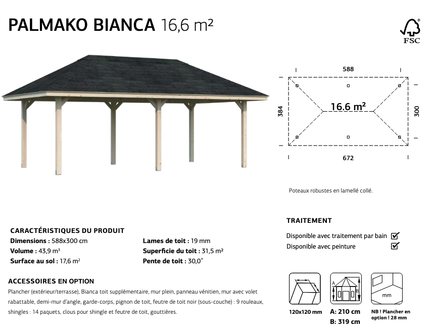 Tonnelle bois 5,88 x 3 m | Bois brut | Bianca 16,6 m²