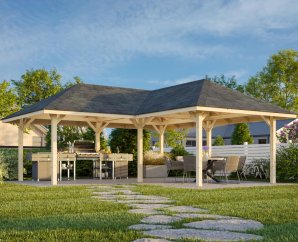 Pergola bois en L 5,88 x 5,88 m | Bois brut | Bianca 24,9 m²