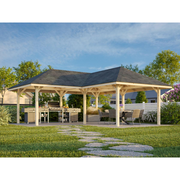 Pergola bois en L 5,88 x 5,88 m | Bois brut | Bianca 24,9 m²