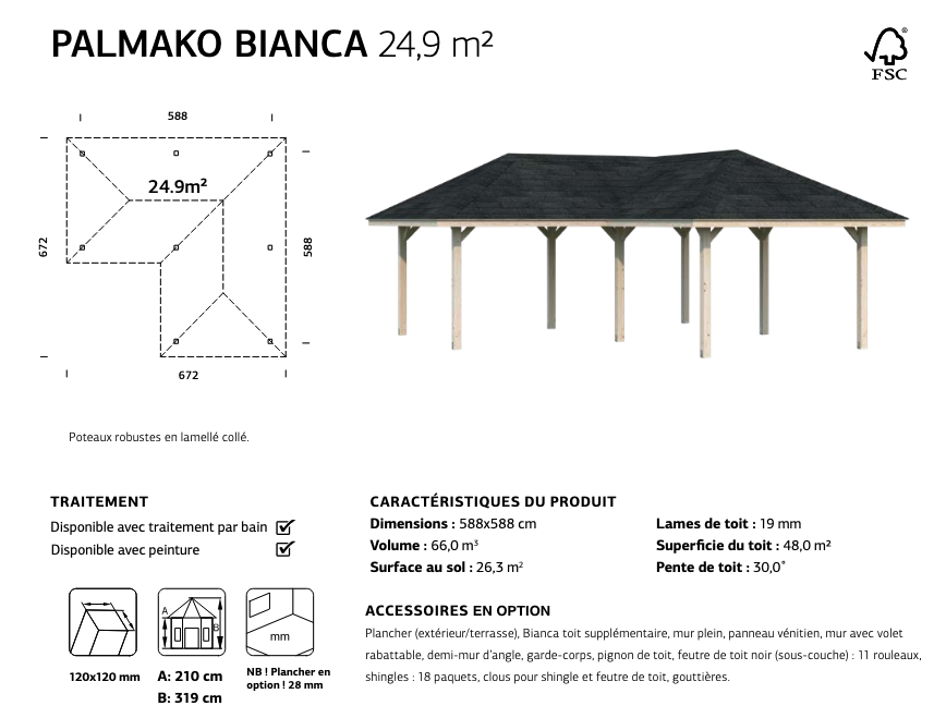 Pergola bois en L 5,88 x 5,88 m | Bois brut | Bianca 24,9 m²