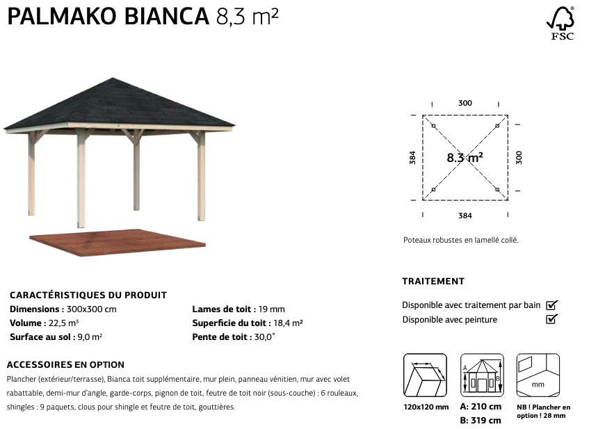 Pergola bois avec lames ajourées 3 x 3 m | Bois brut | Bianca 8,3 m²