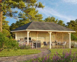 Pergola bois avec panneaux vénitiens 5,88 x 3 m | Bois brut | Bianca 16,6 m²