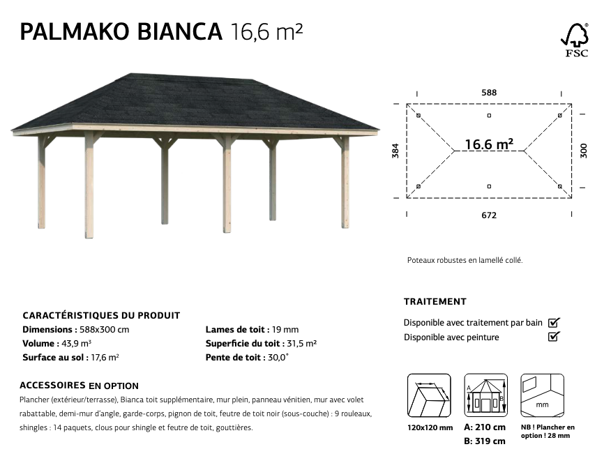 Pergola bois avec panneaux vénitiens 5,88 x 3 m | Bois brut | Bianca 16,6 m²