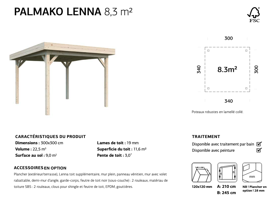 Pergola bois toit plat 3 x 3 m | Bois brut | Lenna 8,3 m²