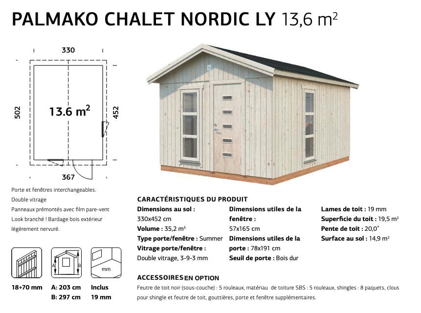 Abri bois panneaux préassemblés Ly | 330 x 452 | Bois Brut | 88 mm d'épaisseur