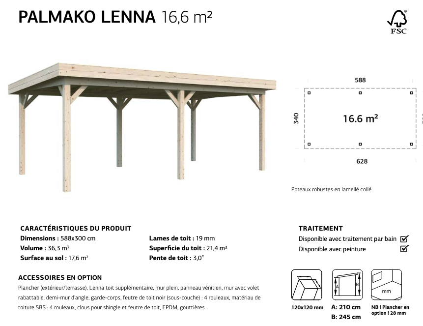 Pergola jardin toit plat 5,88 x 3 m | Bois brut | Lenna 16,6 m²