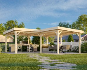 Pergola bois toit plat en L 5,88 x 5,88 m | Bois brut | Lenna 24,9 m²