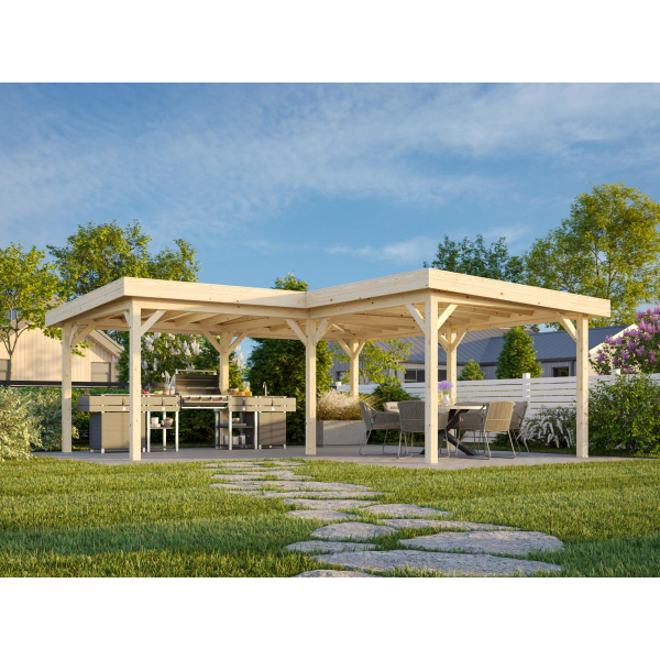 Pergola bois toit plat en L 5,88 x 5,88 m | Bois brut | Lenna 24,9 m²