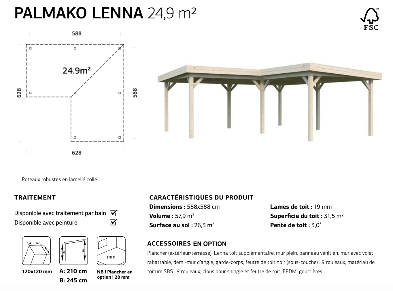Pergola bois toit plat en L 5,88 x 5,88 m | Bois brut | Lenna 24,9 m²