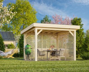 Tonnelle toit plat avec panneaux vénitiens 3 x 3 m | Bois brut | Lenna Set 302 | 8,3 m²